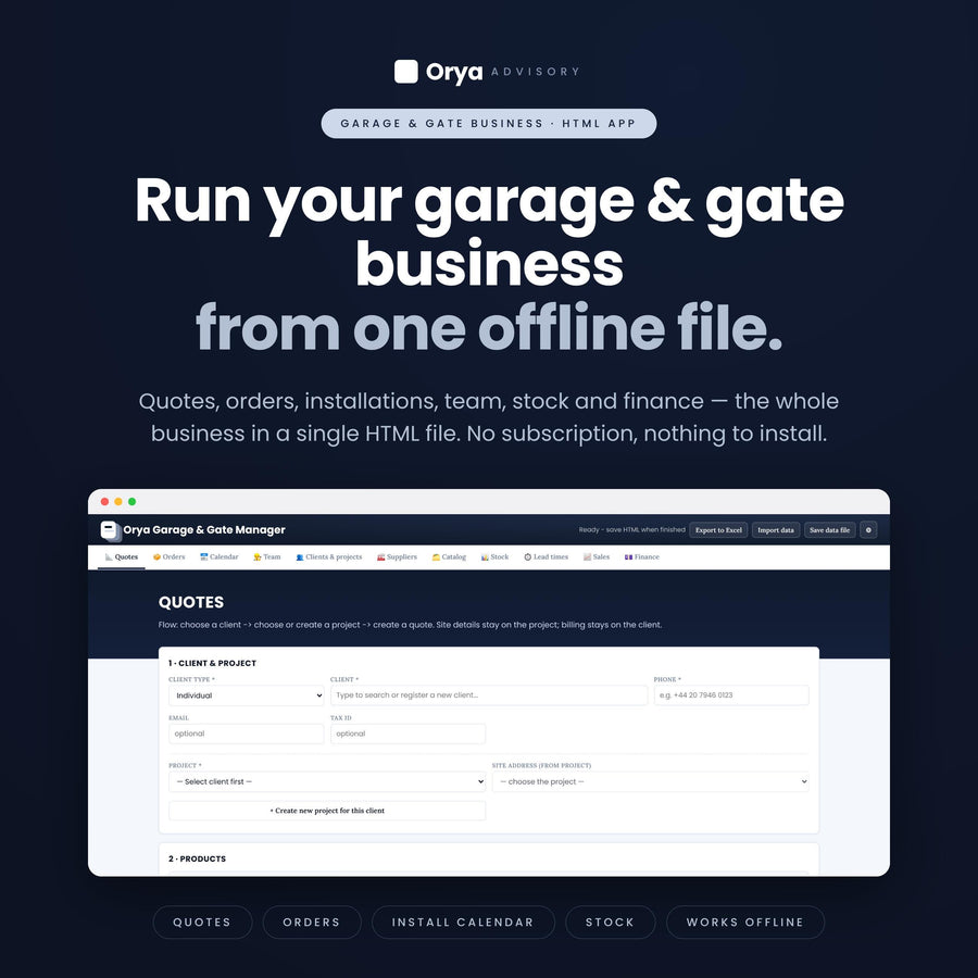 Garage & Gate Business Offline App | Quotes, Orders, Install Calendar, Stock and Finance Tracker | No Install Offline App
