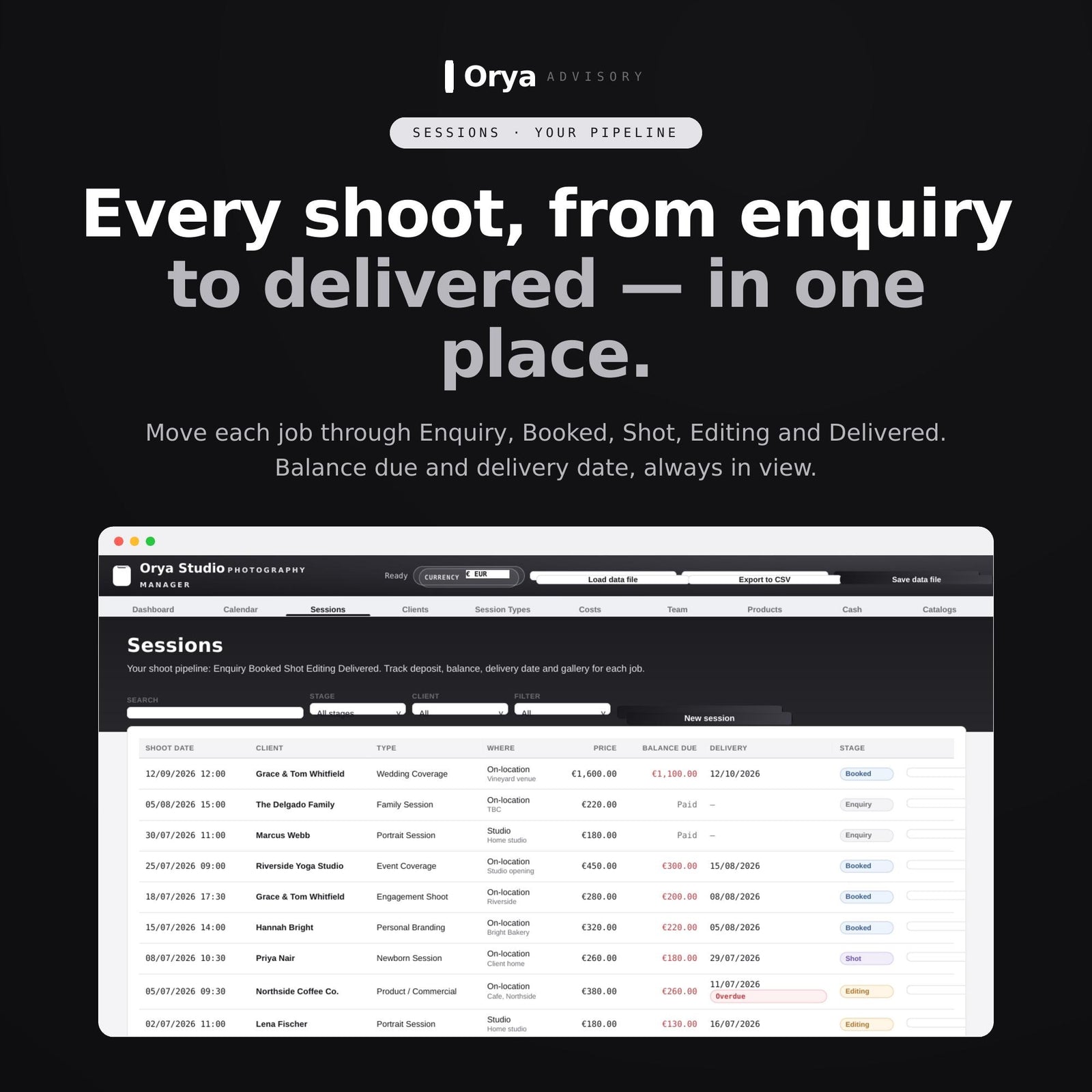 Photography Business Manager HTML App | Booking, Client, Shoot, Deposit and Cash Tracker | Offline Studio Planner
