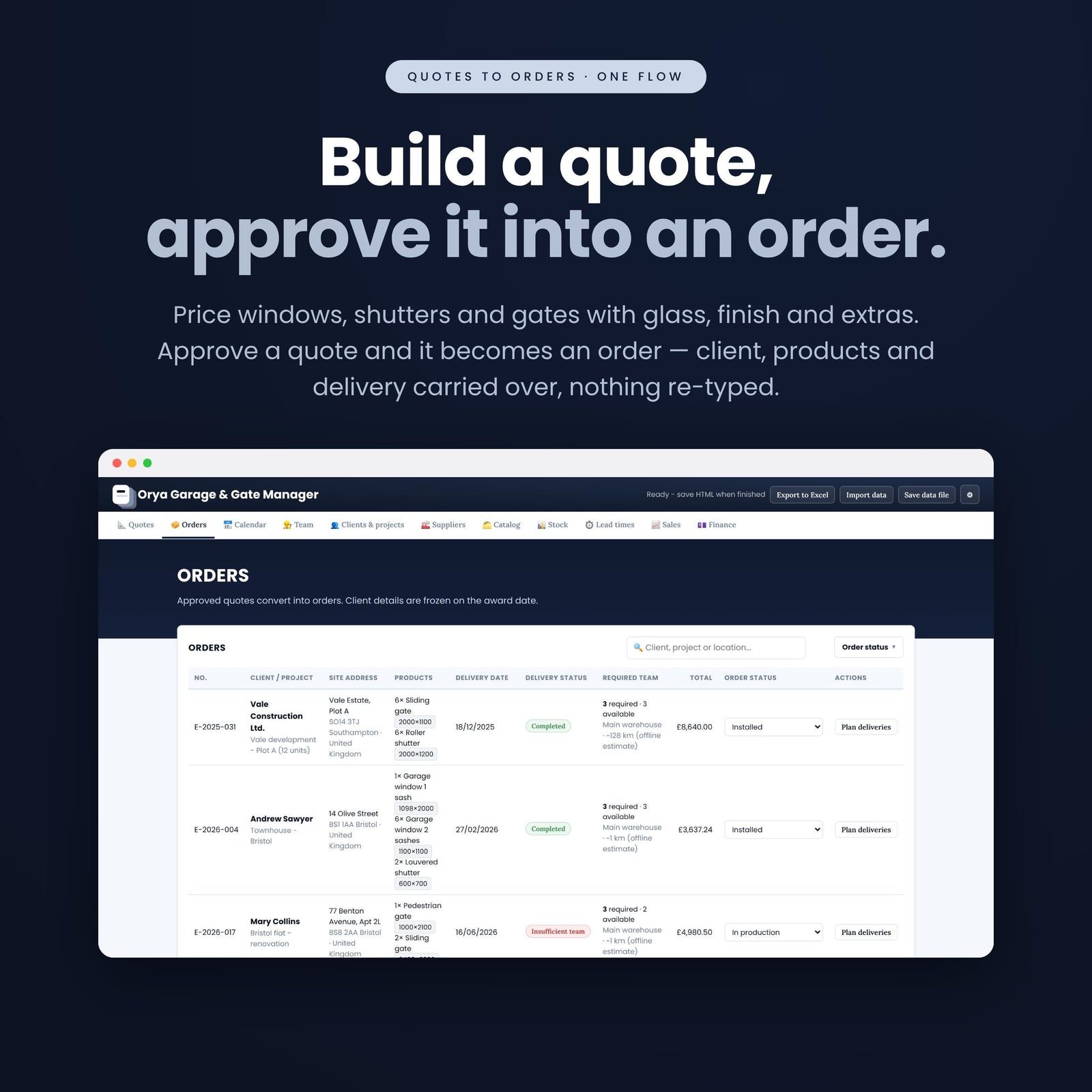 Garage & Gate Business Offline App | Quotes, Orders, Install Calendar, Stock and Finance Tracker | No Install Offline App