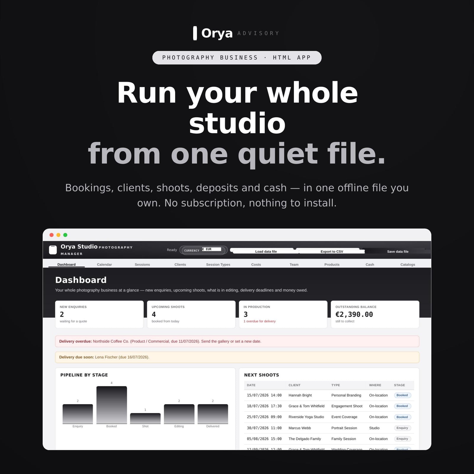 Photography Business Manager HTML App | Booking, Client, Shoot, Deposit and Cash Tracker | Offline Studio Planner